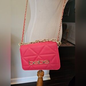 Bebe Dark Pink Small Quilted Crossbody Gold Chain Strap Purse Handbag Compact